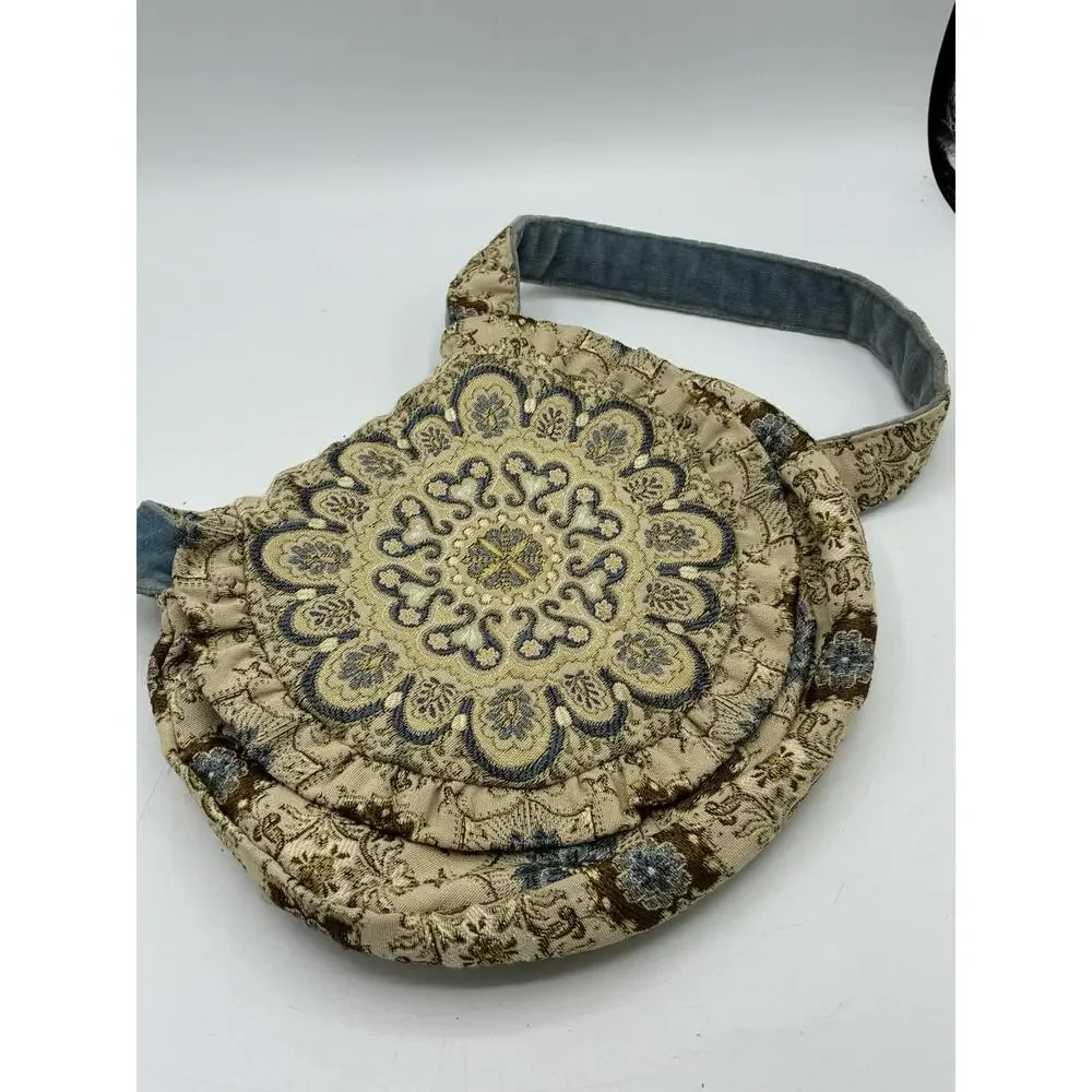 Vintage Tapestry Shoulder Bag Blue Velvet Strap Floral Medallion Boho Purse